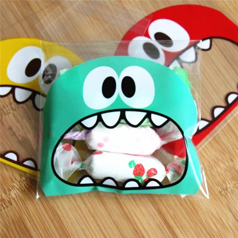 50Pcs 7*7cm Cute Cartoon Animal Big Teech Mouth Monster Plastic Gift Bag Wedding Birthday Cookie Candy Gift Packaging Bags