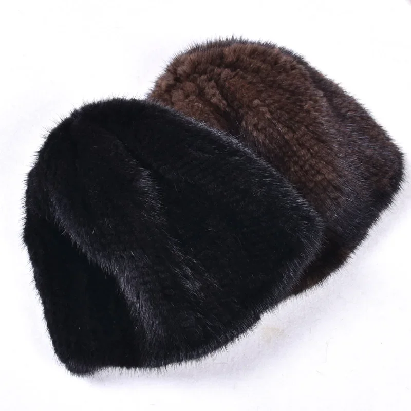 Real Mink Fur Beanies Hat for Men and Women, Unisex Knitted Warm Pullover, Double Side High Elasticity, Thickened, Autumn Winter