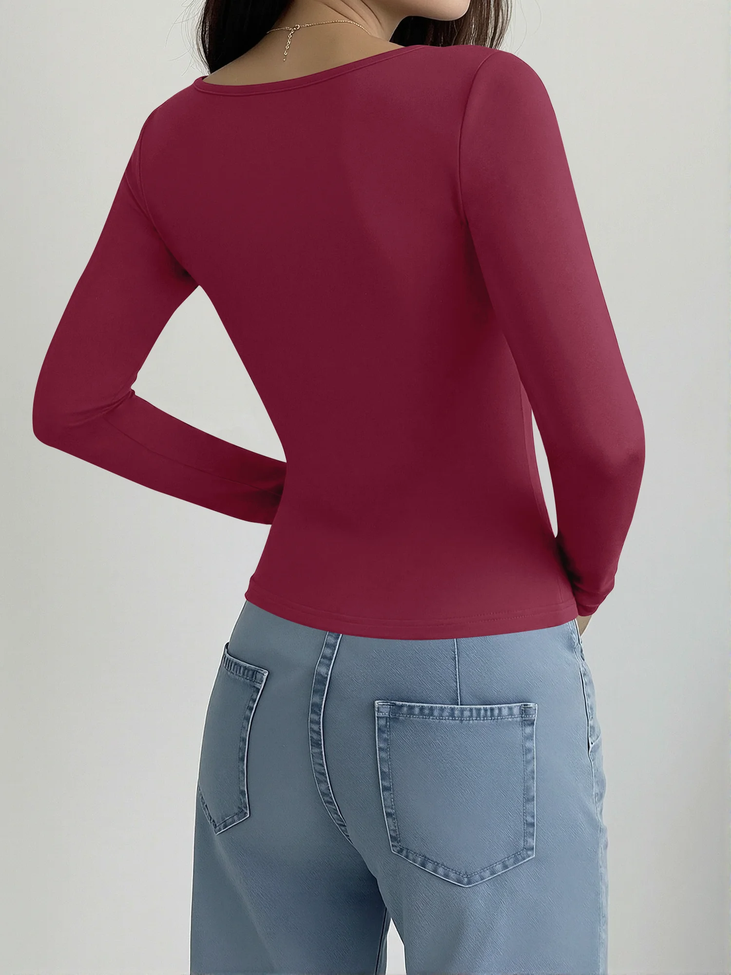 Capsule Wardrobe Staple Scoop‑Neck Crop Blouse, Stretchy Long‑Sleeve Shirt for Outer‑Wear Matching Combinations