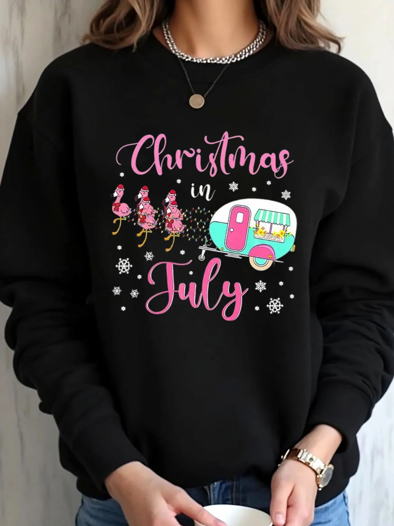 

Женская толстовка большого размера на Рождество в июле с принтом фламинго и кемпера, верхняя одежда