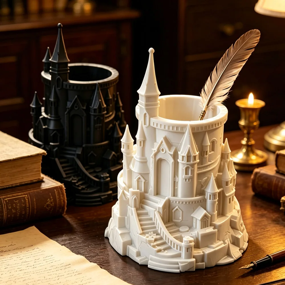 Magic Pen Holder: Perfect for Office, Gaming Room or Collector's Desk.Dark Castle-Shaped 3D Printed Architectural Pen Container