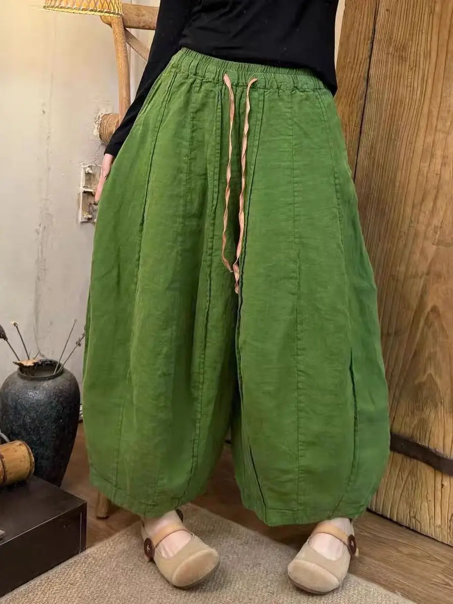 

Summer 2026 Casual Loose Women's Pants High Waist Trousers Patchwork Simple Cotton Linen Lantern Pants plus Size Fashion