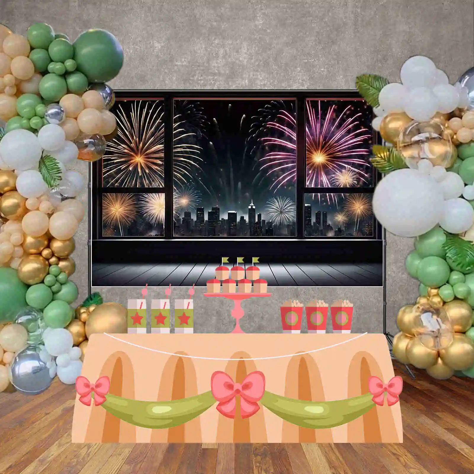 MOON.QG Happy New Year 2025 Photo Background 2024 Christmas Window Fireworks Photocall Backdrop Custom Photography Studio Props