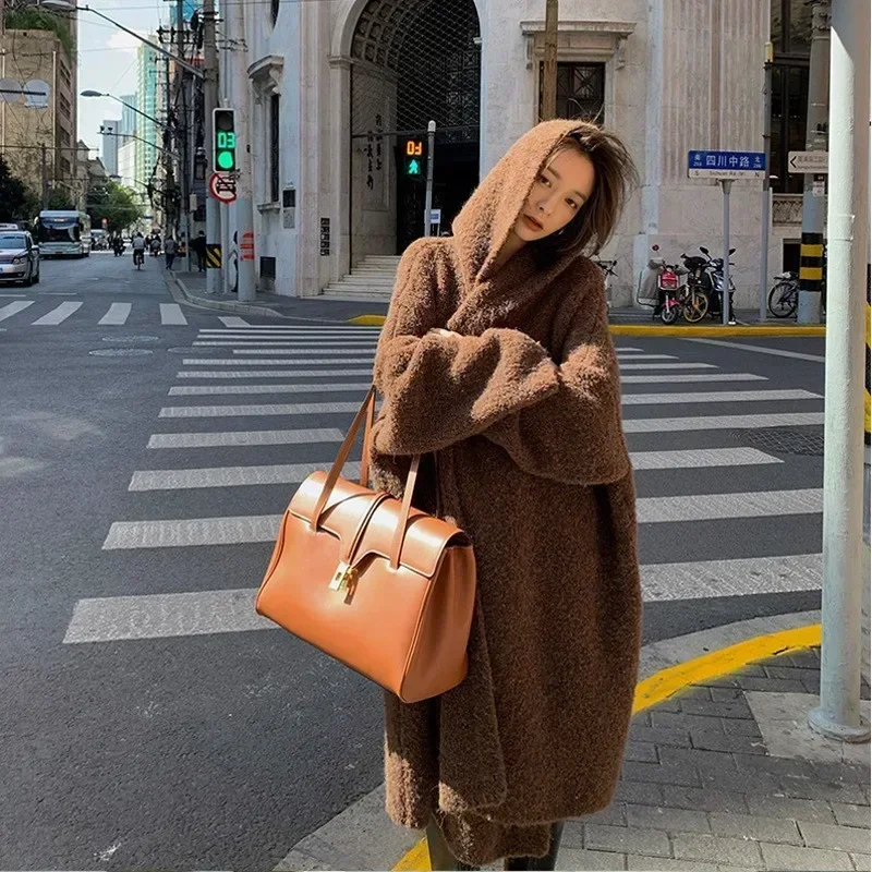 Autumn and Winter Luxury Warm Vintage Casual Hooded Coat Korean Design Plush Maxi Long Cardigan Fluffy Long Sleeve Sweater Women