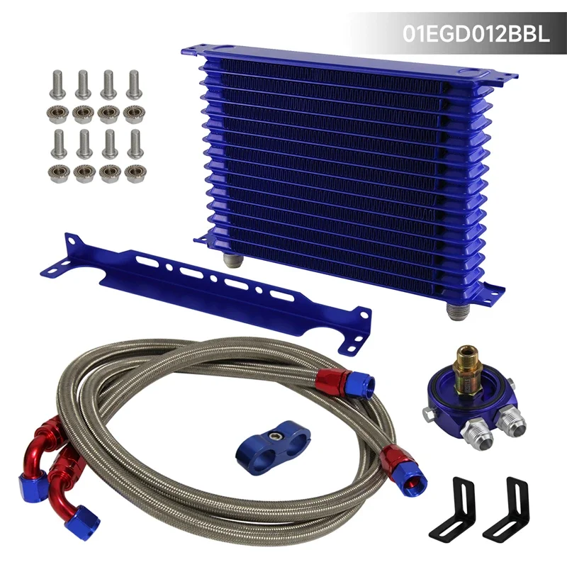 AN10 15Row 262mm Universal Engine Transmission Oil Cooler w/Bracket + Aluminum Filter Hose End Kit Black/Blue