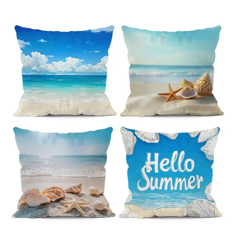 Summer Beach Style Throw Pillowcase Blue Cushion Cover Sky Shells Print Pillow Covers Home Decor Square Pillowcase