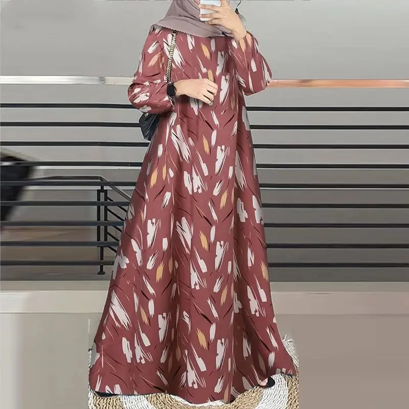 

Long Robe with Print - Middle Eastern Muslim Malay Abaya Dress, Long Sleeves & Round Neck Maxi Dress
