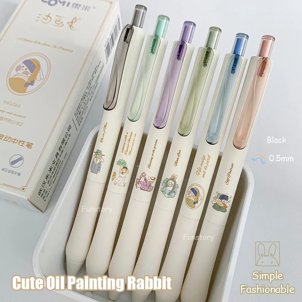 

6 Pcs Adorable Cartoon Rabbit Gel Pens 0.5mm IG Minimalist Black Pen Creative Fashion World Famous Paintings Series