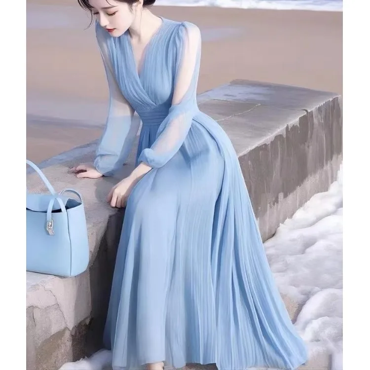 Elegant Blue Chiffon Dress Gentle Style Proper Dress Long Sleeve Universal Fit Citywalk Polyester Fiber 2026 Autumn Collection