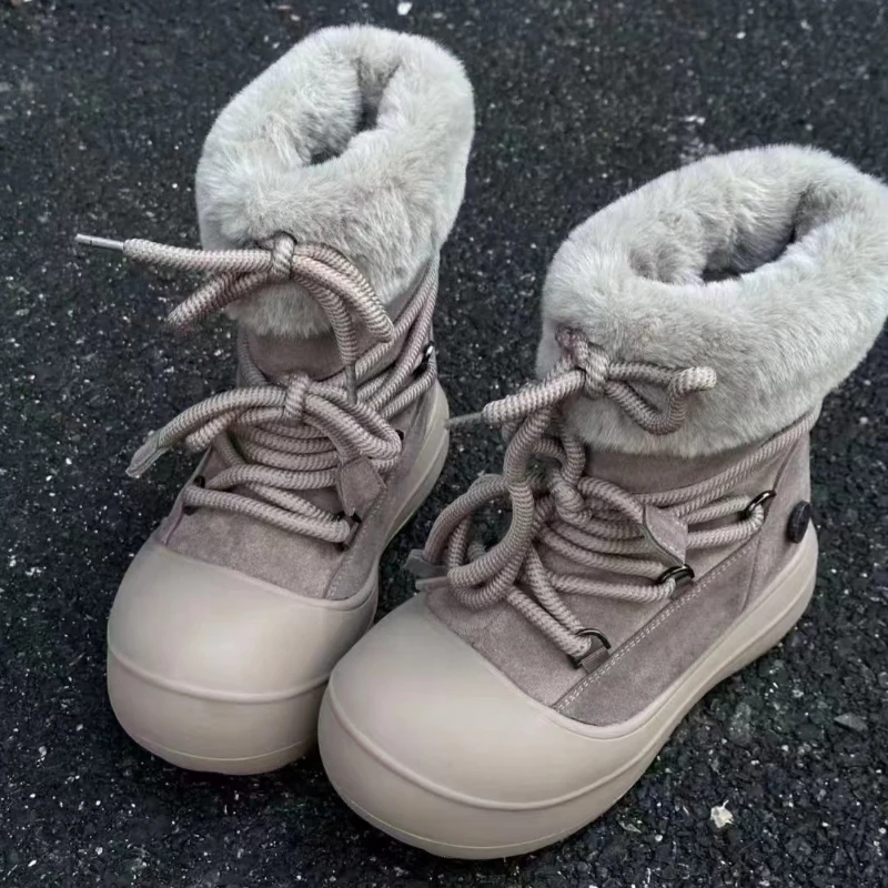 

Furry Snow Ankle Boots Women's Flats Platform Cotton Shoes 2025 Winter Lace Up Sneakers Plush Warm Boots New Brand Ladies Boots