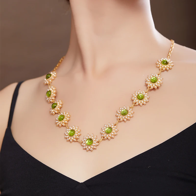 LEWIS SEGAL Green Glaze Pendant Luxury 18K Real Gold Necklace for Women Independent Girl Rhinestone Fine Jewelry Medieval Style