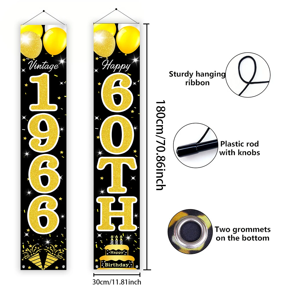 Schwarz-Gold Retro 60. Geburtstag Türschild-Set, Vintage 1966 Themenbanner „Prost auf 60 Jahre“ für die Veranda mit Ballon- und Kuchenmotiven – Detail 1