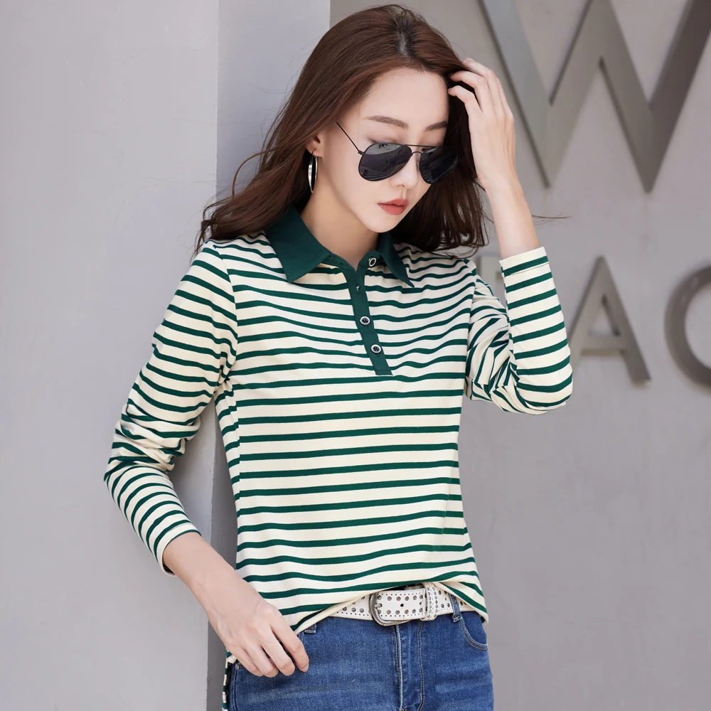 Korean Fashion Long Sleeve  Cotton Polo Shirt Women Stretch Plus Size  Autumn Slim Knitted Polo For Women Striped T shirt