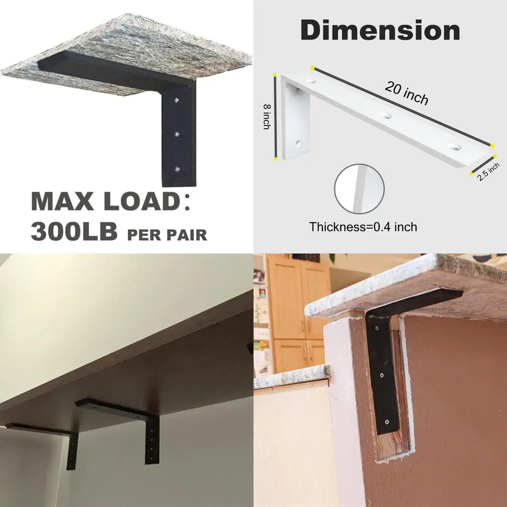 

2-Pack Heavy Duty 3/8 Thick Metal L-Shape Brackets for 20x8 Countertops, White with 6 Holes