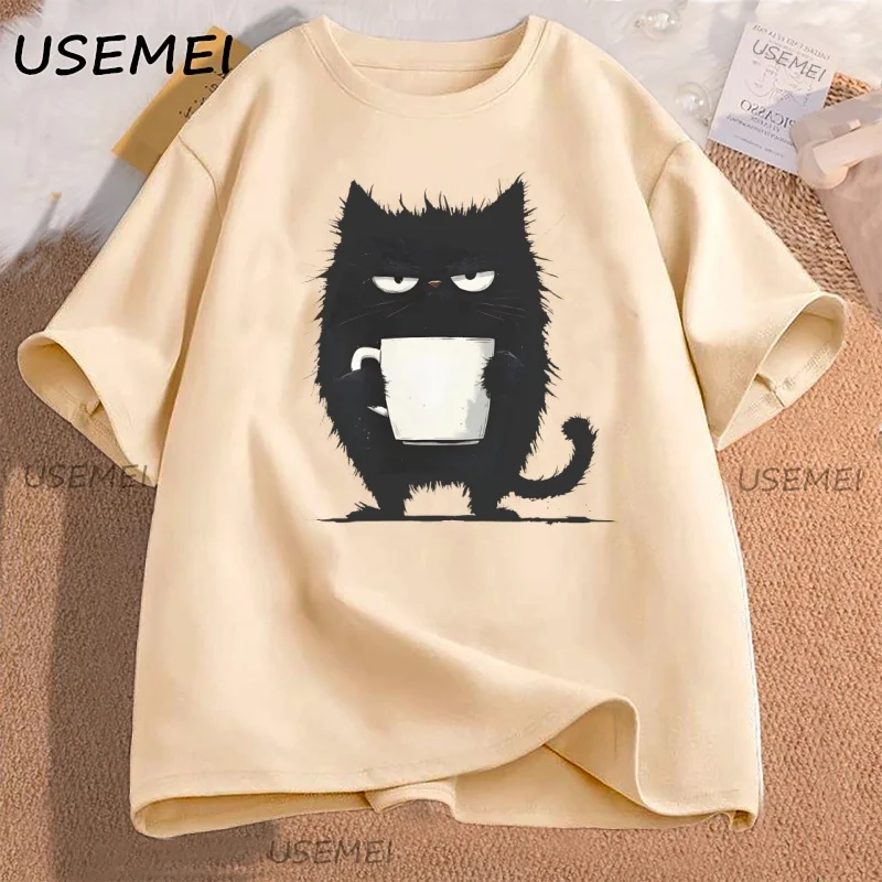 Funny Black Cat Coffee T-Shirt Kawaii Tired Cat T Shirt Women Casual Graphic Tee Cute Cat Lover Gift Loose Y2k Clothes