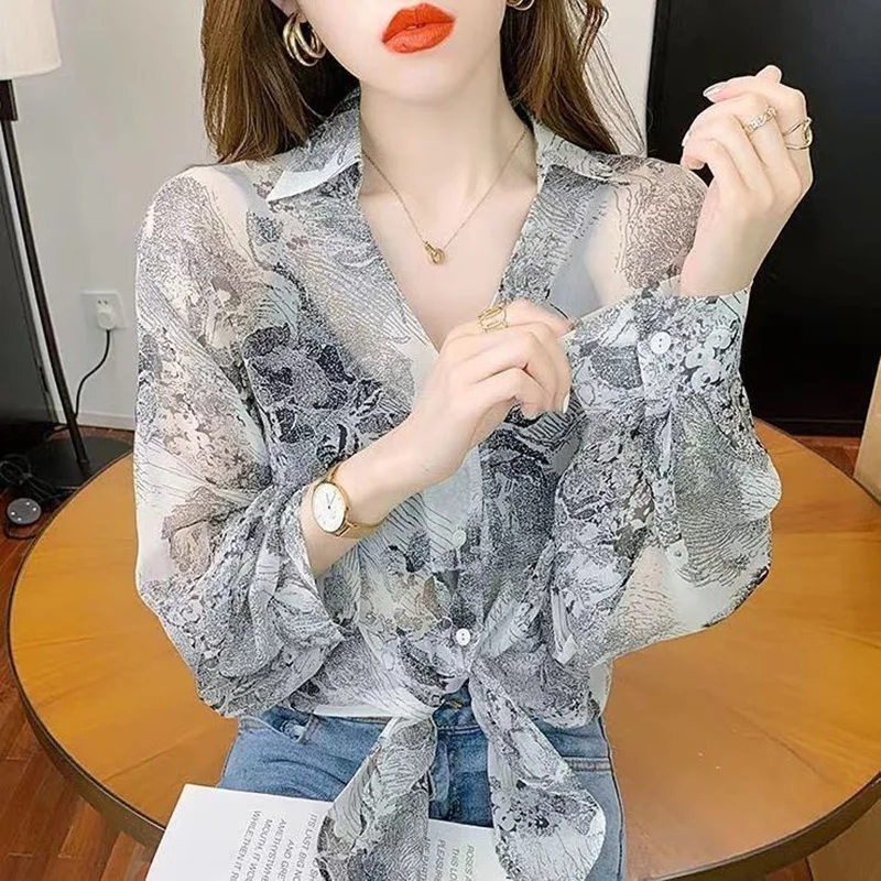 Stylish Lapel Button Printed Bandage Chiffon Shirt Women\'s Clothing 2023 Spring Summer New Casual Tops Loose Office Lady Blouse