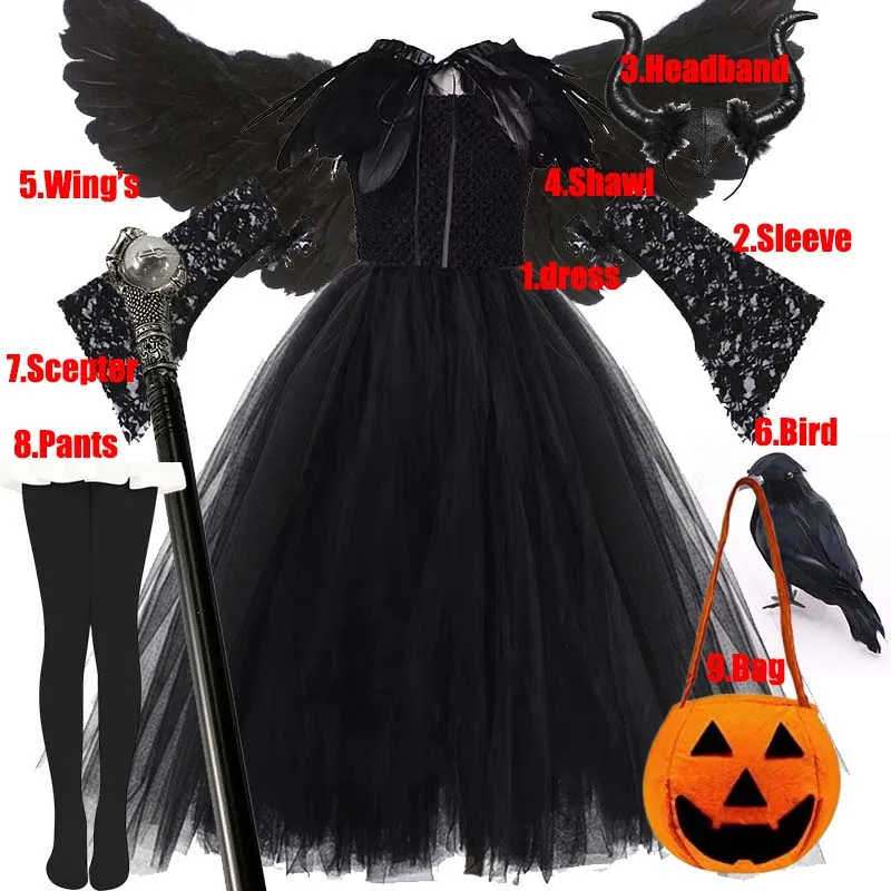 Halloween Girls Dark Cosplay Tutu Dress Kids Devil Theme Costume with Wings Horn Headband Scepter for Carnival Fancy Dress Party