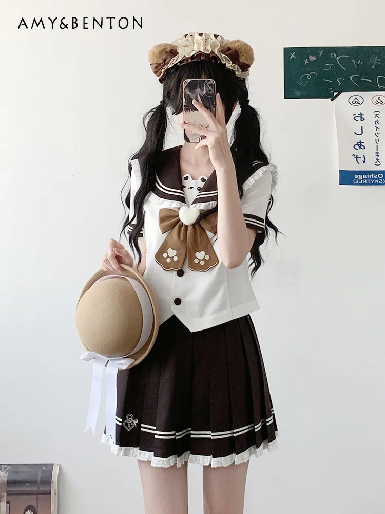 

Summer Sweet Cute Bear Ear Sailor Collar JK Uniform Set Heart Paw Bow Short Sleeve Shirt Pleated Skirt Outfit for Girls