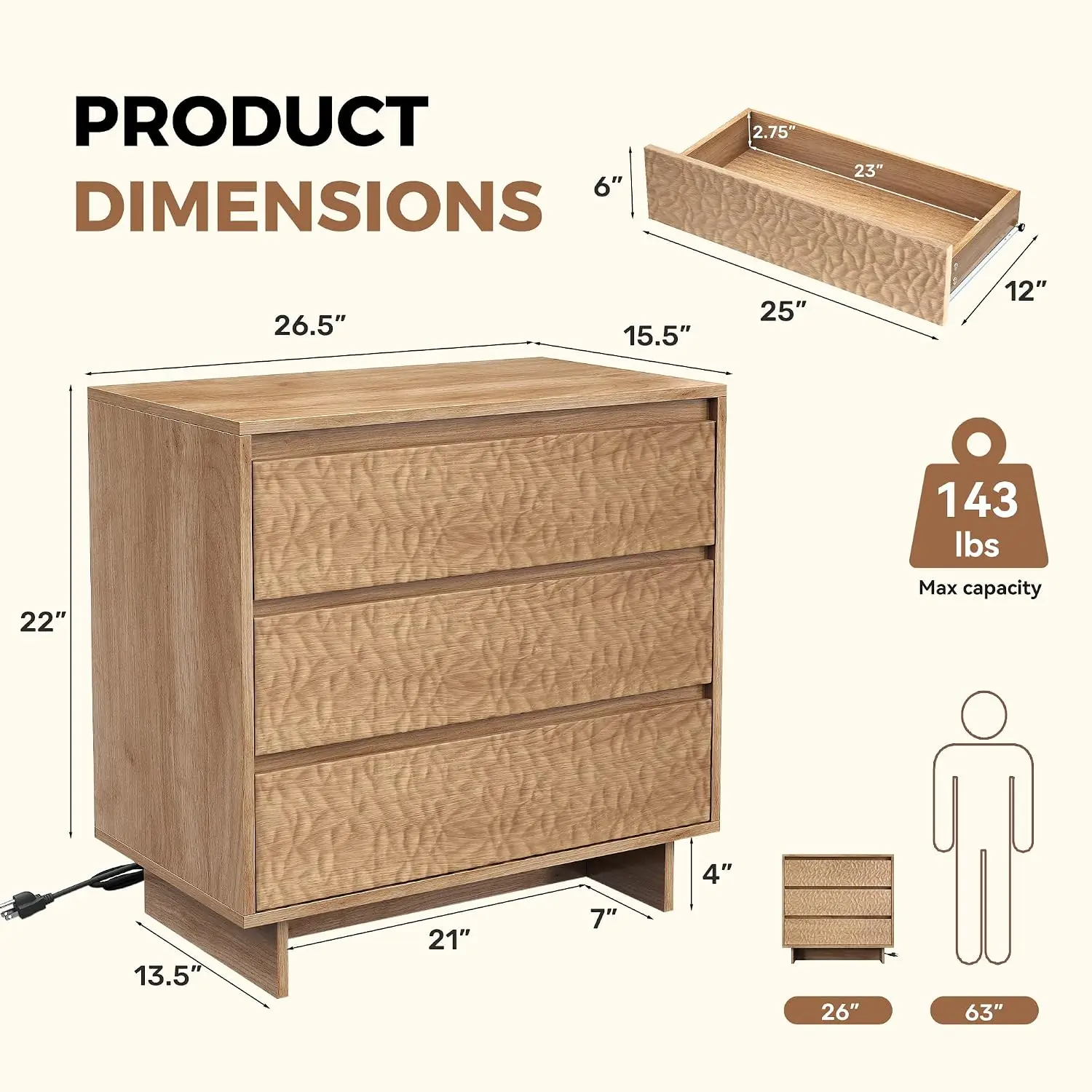 Nightstands with Charging Station, Modern Nightstand with 3 Drawers, 26.5