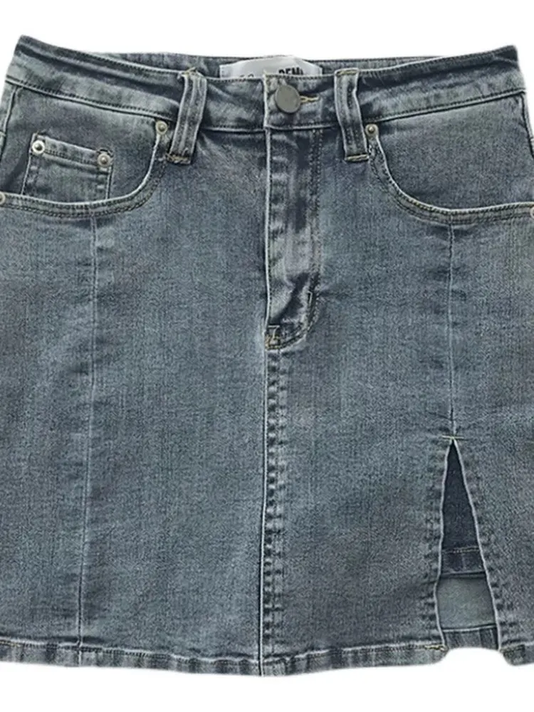 High Waist A-Line  Skirt for Women Spring Summer Denim Split Korean Style Anti-Wrinkle Maintaining Shape Pocket Design