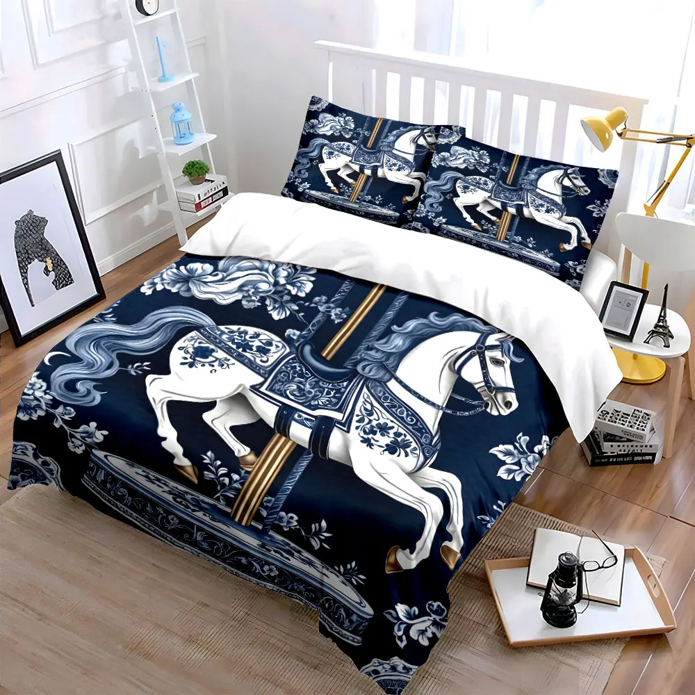 Blue and White Porcelain Carousel Design Printed Duvet Cover Set 1 Duvet Cover+2 Pillowcase Multi Size Bedroom Bedding Decor