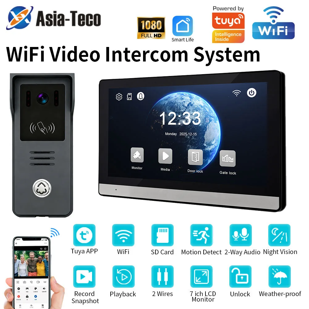 2-Wire Digital Video Intercom System 7 Inch Wireless WIFI APP Monitor 1080P Doorphone Camera Video Doorbell Card Work with Tuya