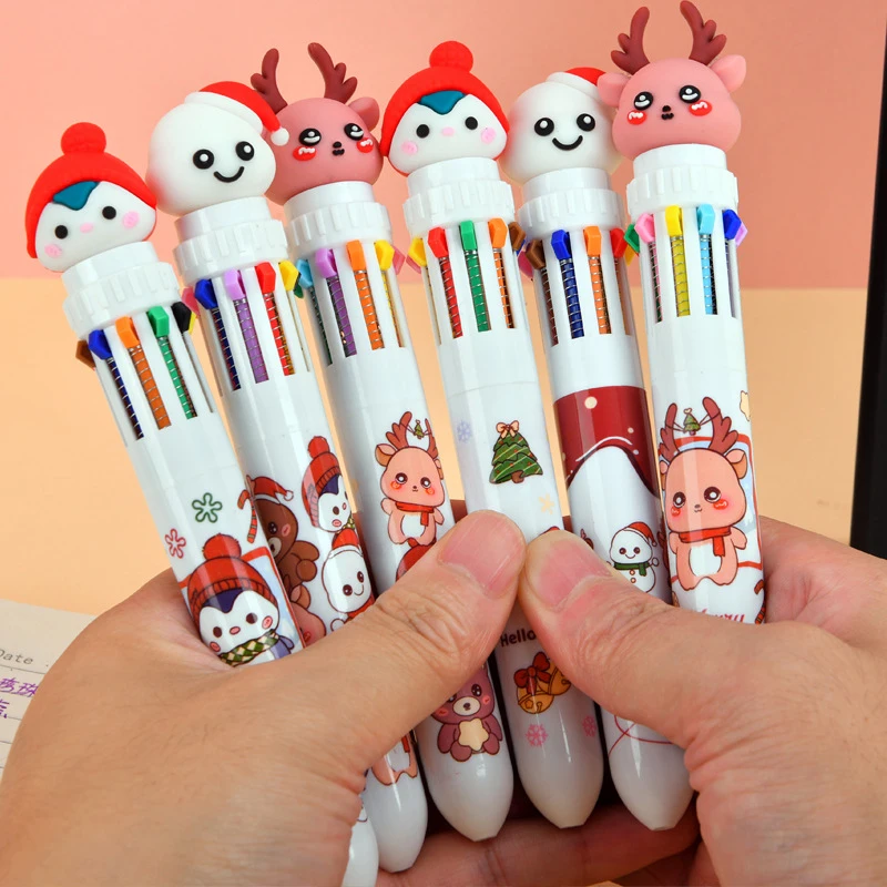 1 ชิ้น 10 สีคริสต์มาสปากกาลูกลื่น Kawaii การ์ตูน Elk บัญชีมือปากกาที่มีสีสันปากกามัลติฟังก์ชั่นอุปกรณ์สํานักงานโรงเรียน