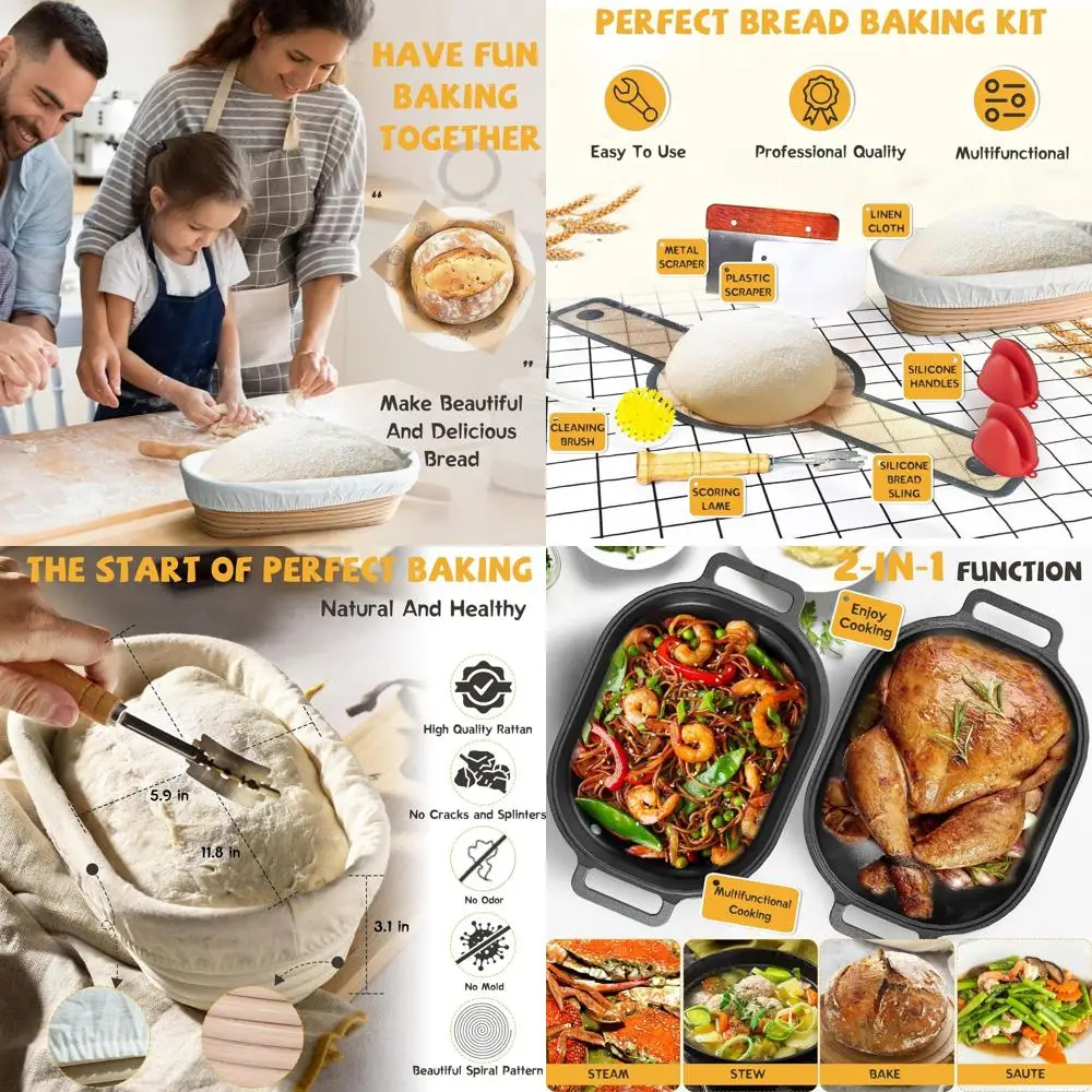 

7.5 Quart Cast Iron Dutch Oven for Bread Baking, with Banneton & Baking Accessories, Multi-Functional Black Cast Iron Pot with L