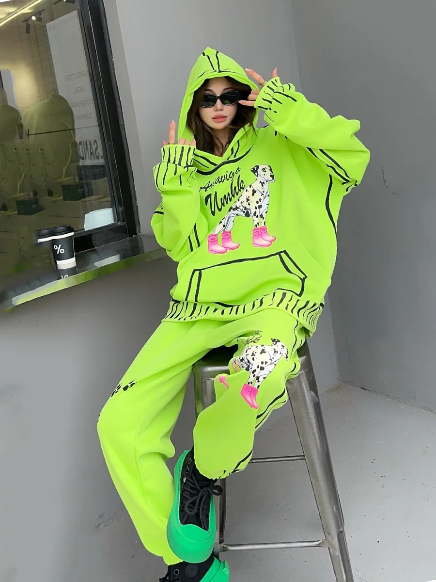 Graffiti Cartoon Dog Oversized Hooded Sweatshirt 2 Piece Sets Womens Casual Pants Sets Y2k Clothes 2024 Autumn Sportwear Femme