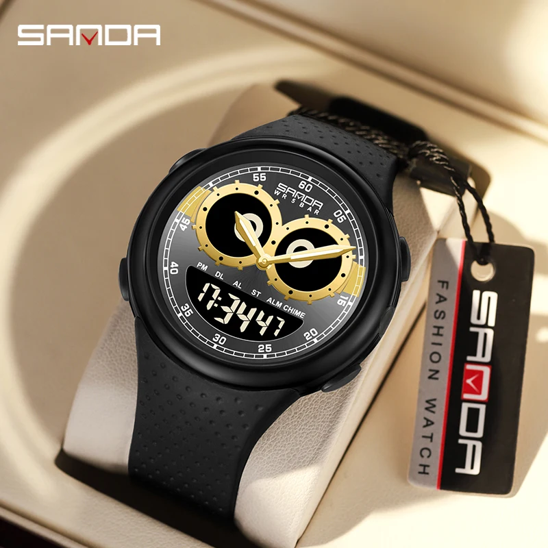 SANDA-Electronic Watch for Men, Silicone, Luminous, Waterproof, Auto Calendar, Chronograph, Relógio de pulso, Fashion Trend, 6118