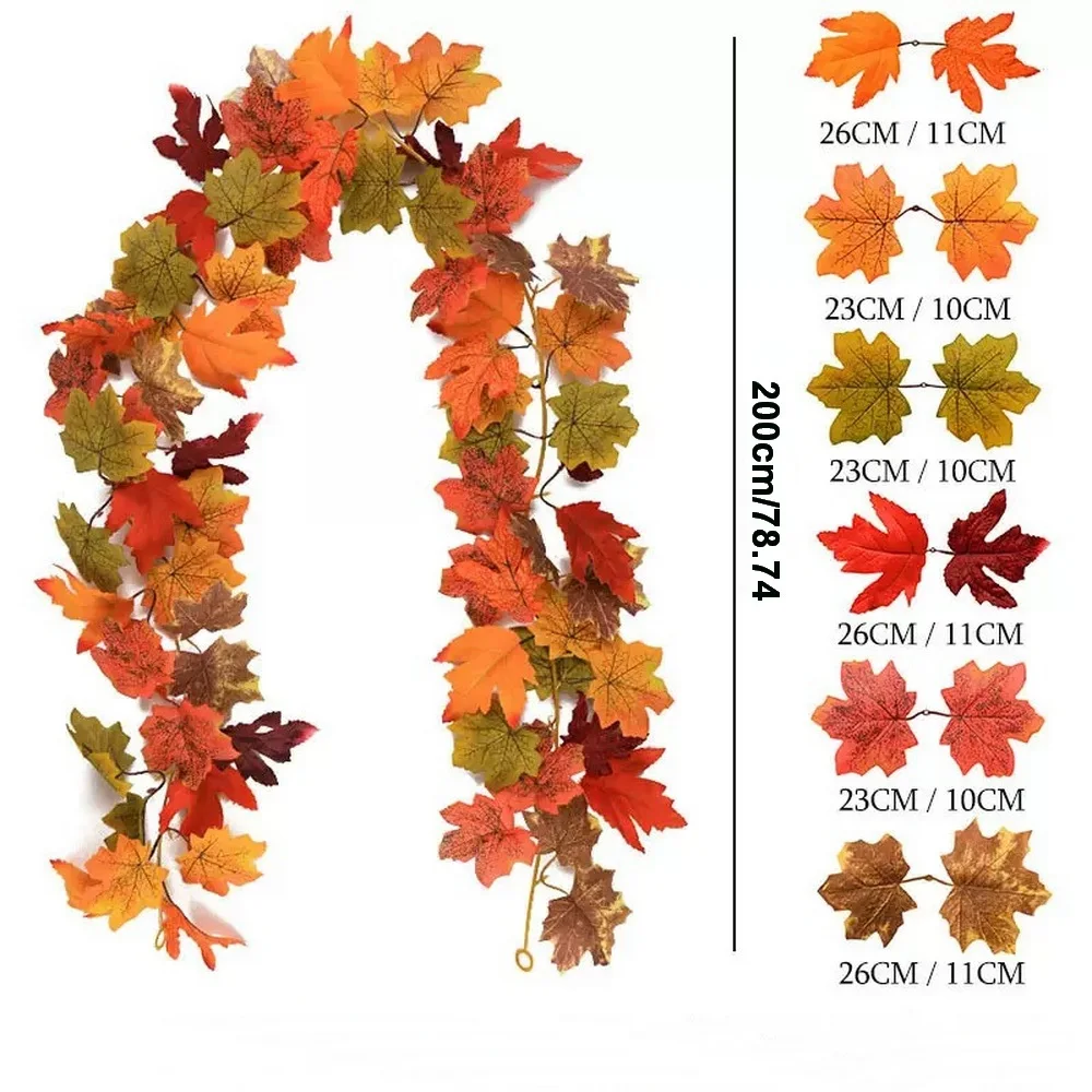 2M Artificial Fall Maple Leaf Garland Fake Plants Autumn Decor Leaves Vine for Thanksgiving Halloween Festivals Wedding Decora