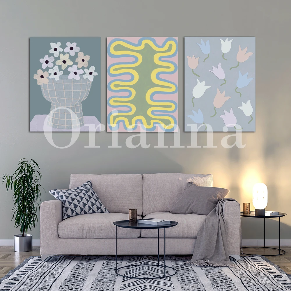 Pastel Lavender Flowers Daisy Lattice Line Scandi Boho Wall Art Print Poster Modern Home Living Room Bedroom Decor Painting Gift