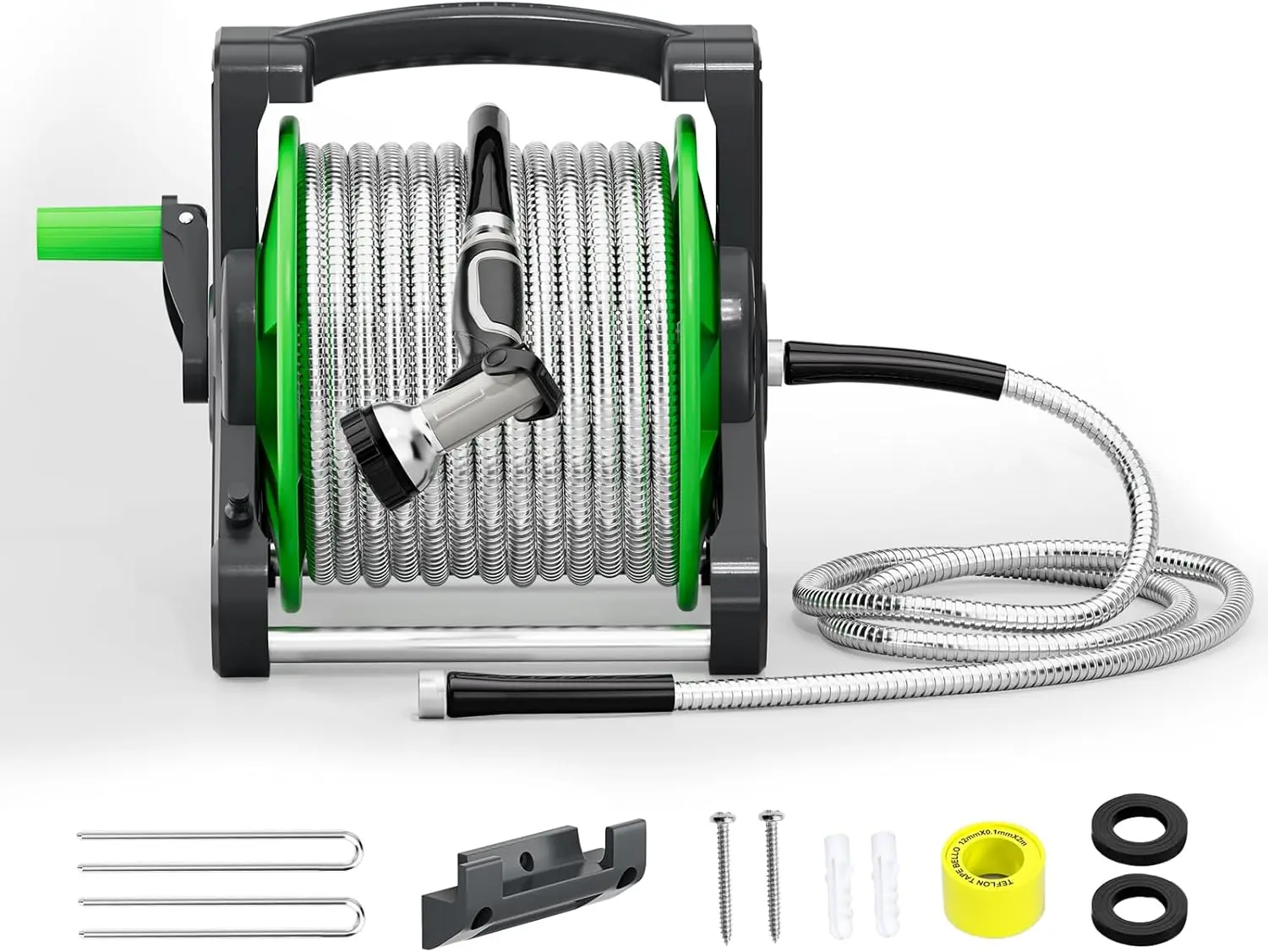 XMSJ Portable Garden Hose Reel With 75ft Heavy Duty 304 Stainless Steel Water Pipe, Wall Mount Lightweight Winder Combo With Noz