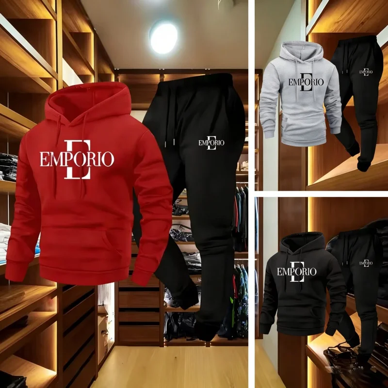 

Men's two-piece casual round-neck long-sleeved hooded sweatshirt and sweatpants set, suitable for both winter and autumn