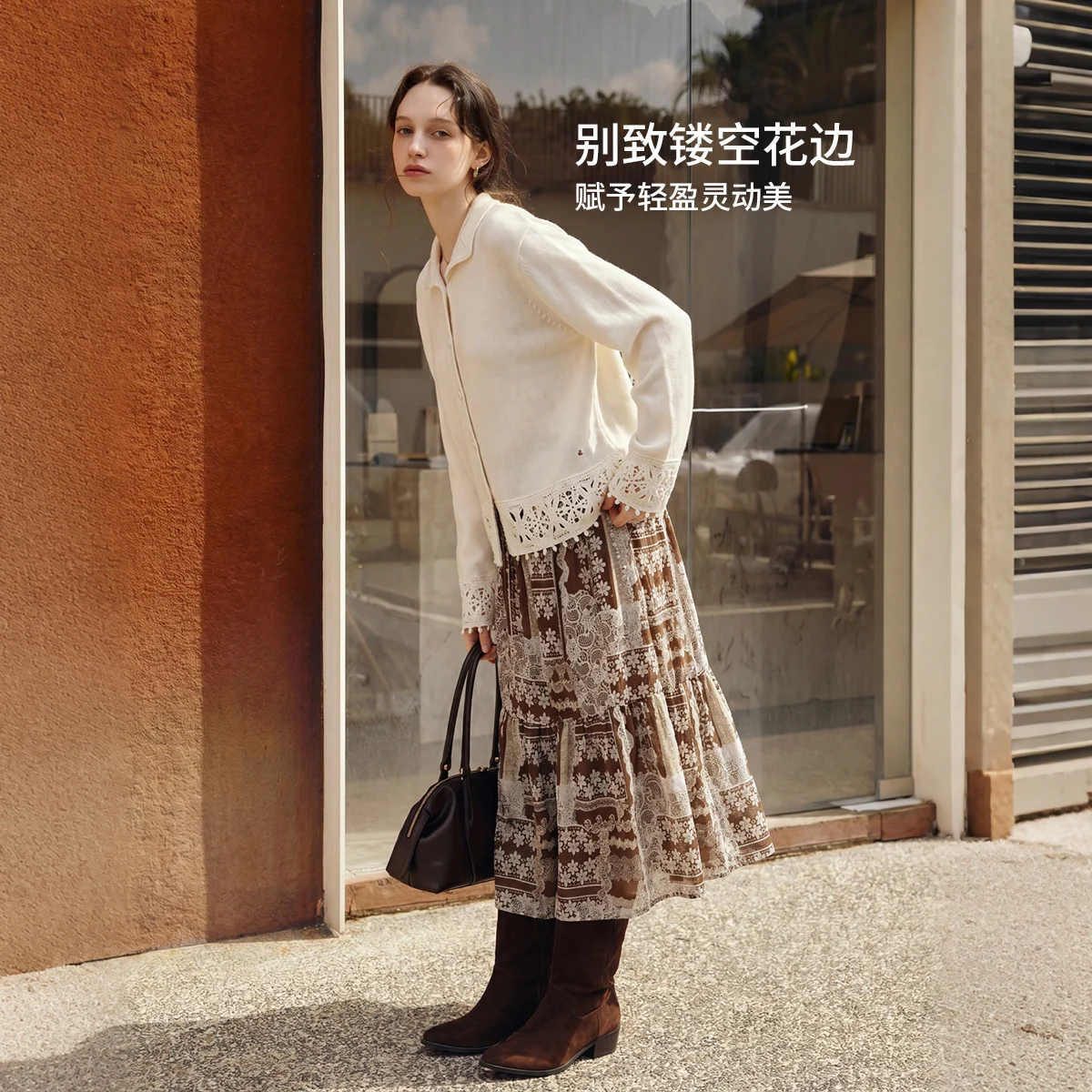 OLrain Knitted Cardigan Jacket Women's Clothing 2026 Autumn New French Lazy Apricot Lapel Hollow Lace O58QM005351