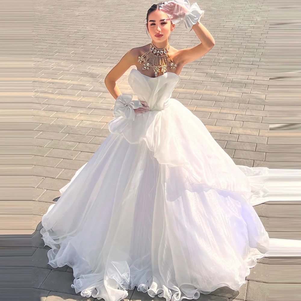 

Elegant White Mesh Ball Gown Pretty Strapless Tiered Tulle Long Prom Party Dresses Women Summer Evening Bridal Dress