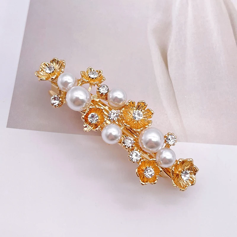 Korean Fashion New Pearl Rhinestone Hair Clip Women\'s Side Clip Korean Headwear Ponytail Rhinestone Elastic Clip Metal Hair Acce