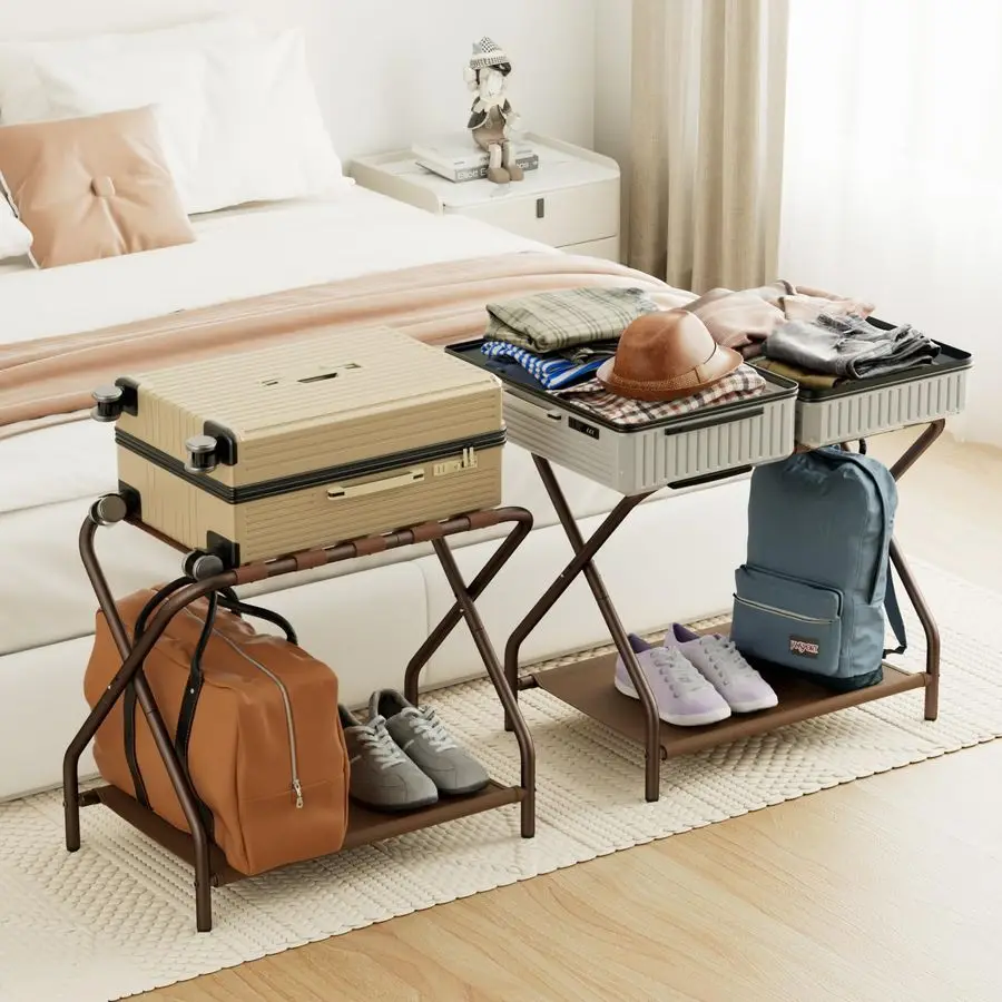 

Luggage Rack, Set of 2, Foldable Suitcase Stands for Guest Room, Metal Luggage Holder with Storage Shelf for Bedroom, Hotel, Ea