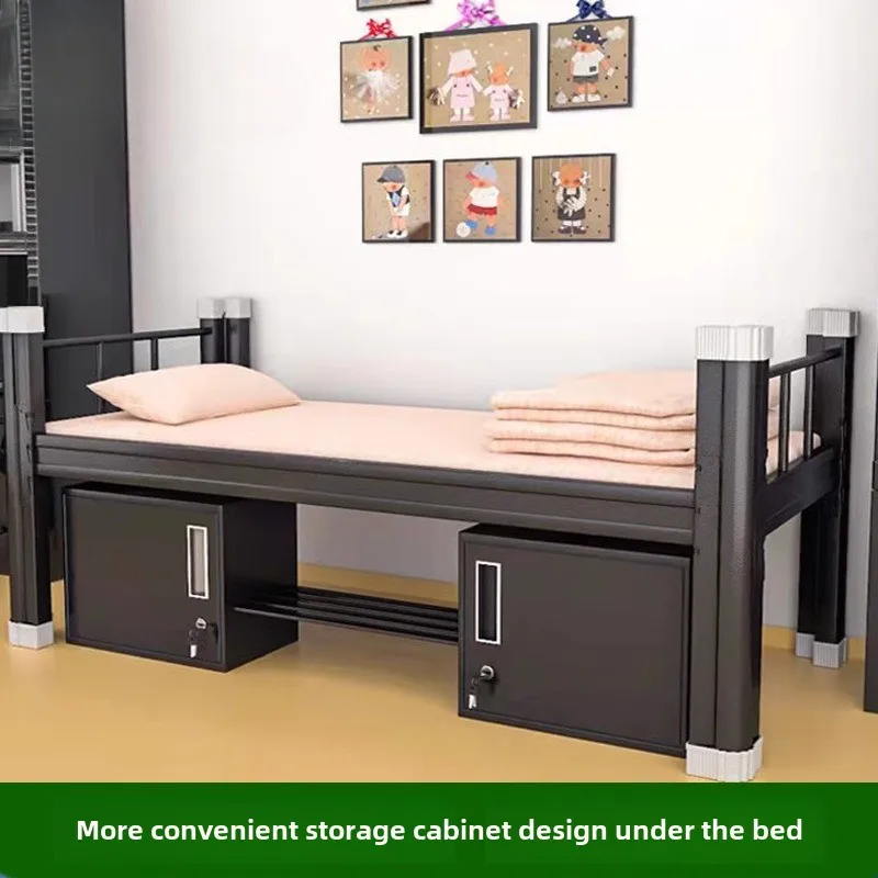 

Black iron bed with locker Rental house Staff school dormitory Iron bed Single layer Thickened profile Apartment Single bed