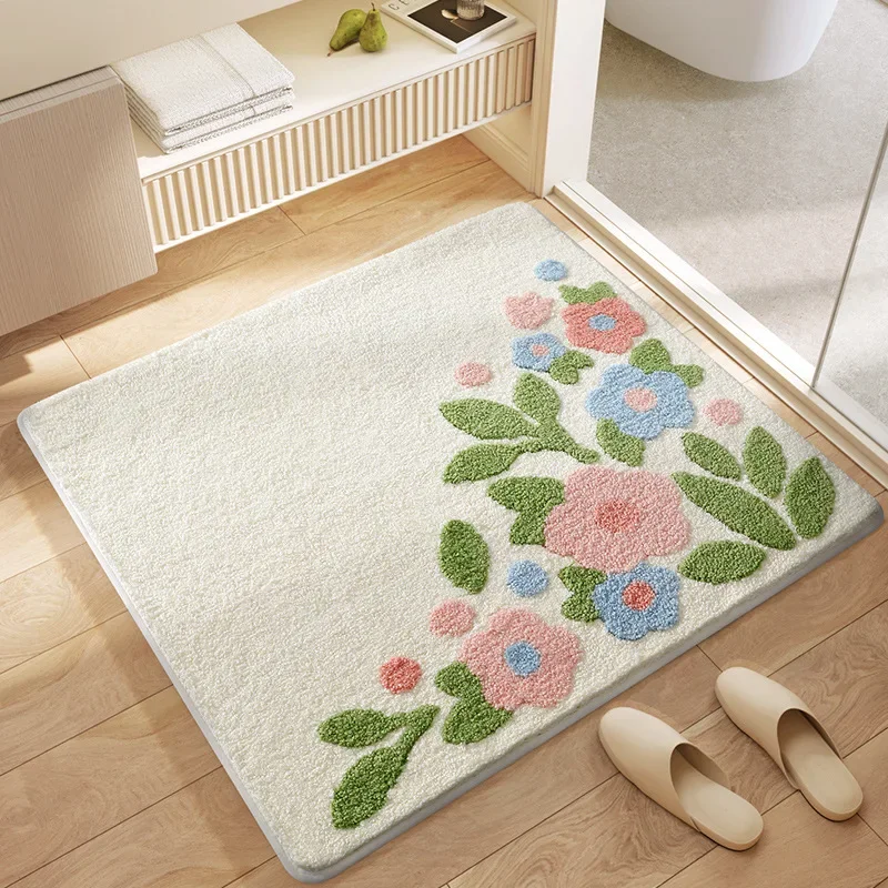 Anti-Slip Square Bath Mat | 800% Absorbent Floral Floor Rug | Ultra-Plush Encrypted Carpet | Modern Bathroom Decor
