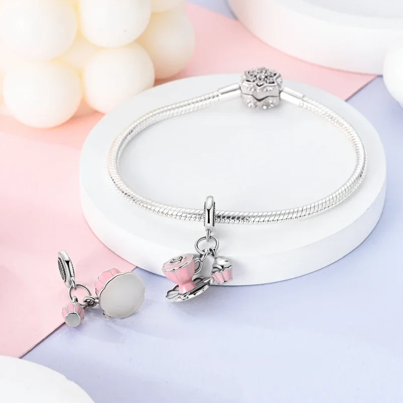 

Charms Silver 925 Pink Flower Tea Cups Cake Beads Beads Fit Charms Plata 925 Original Bracelet Beads Women Jewellery Making