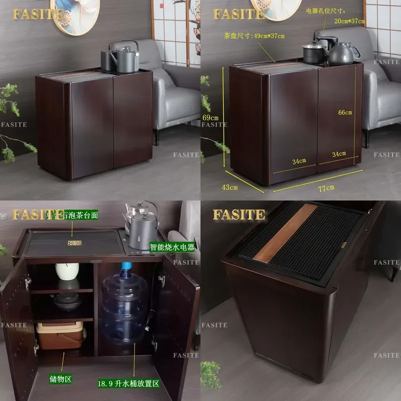 For Solid Wood Ebony Mobile Tea Cabinet Bakelite Side Table with Integrated Kettle Storage for Balcony Tea Room Compact