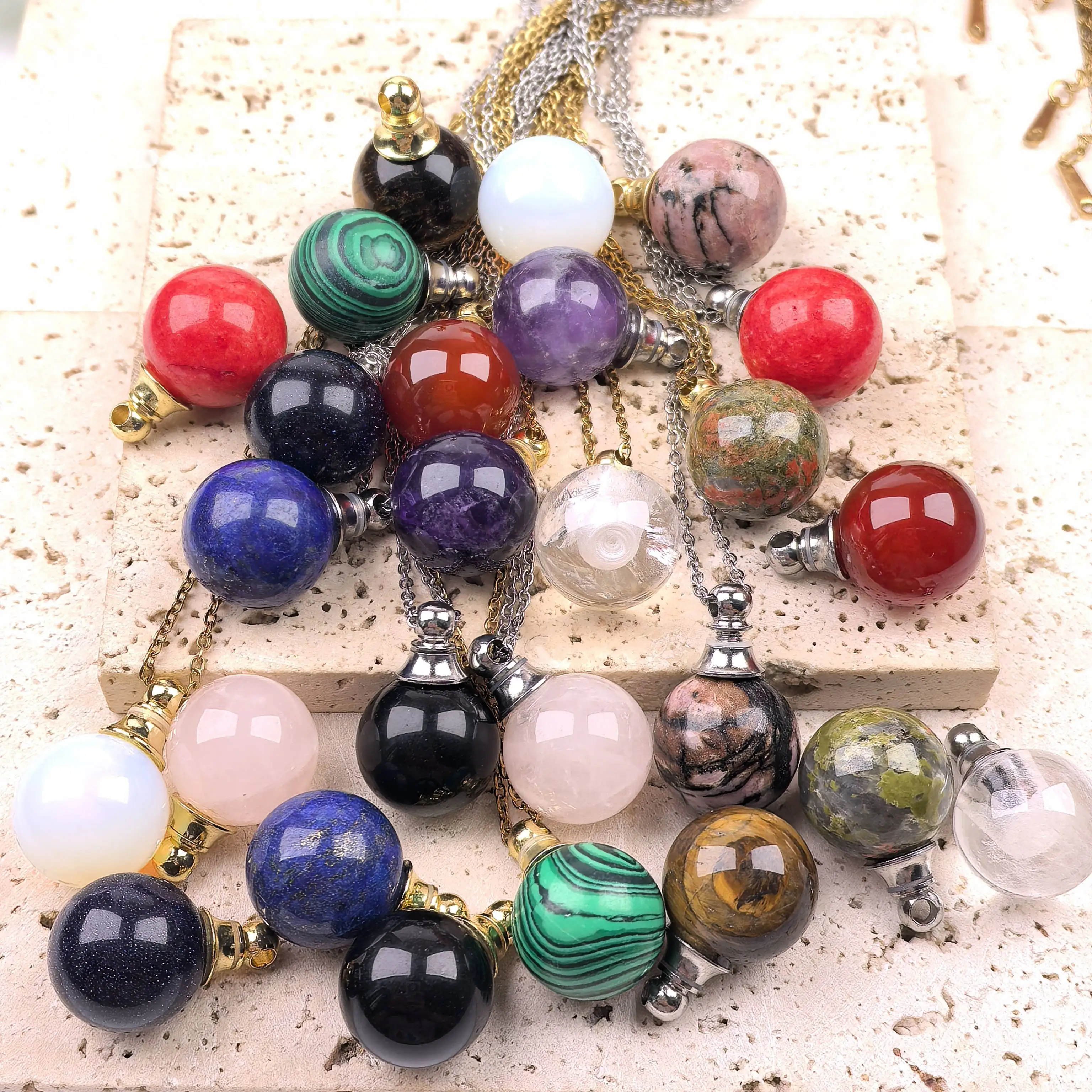 

16mm Round Bead Gems Essential Oil Diffuser Vial Necklace Healing Crystal Quartz Perfume Bottle Pendant Chains Jewelry QC1191