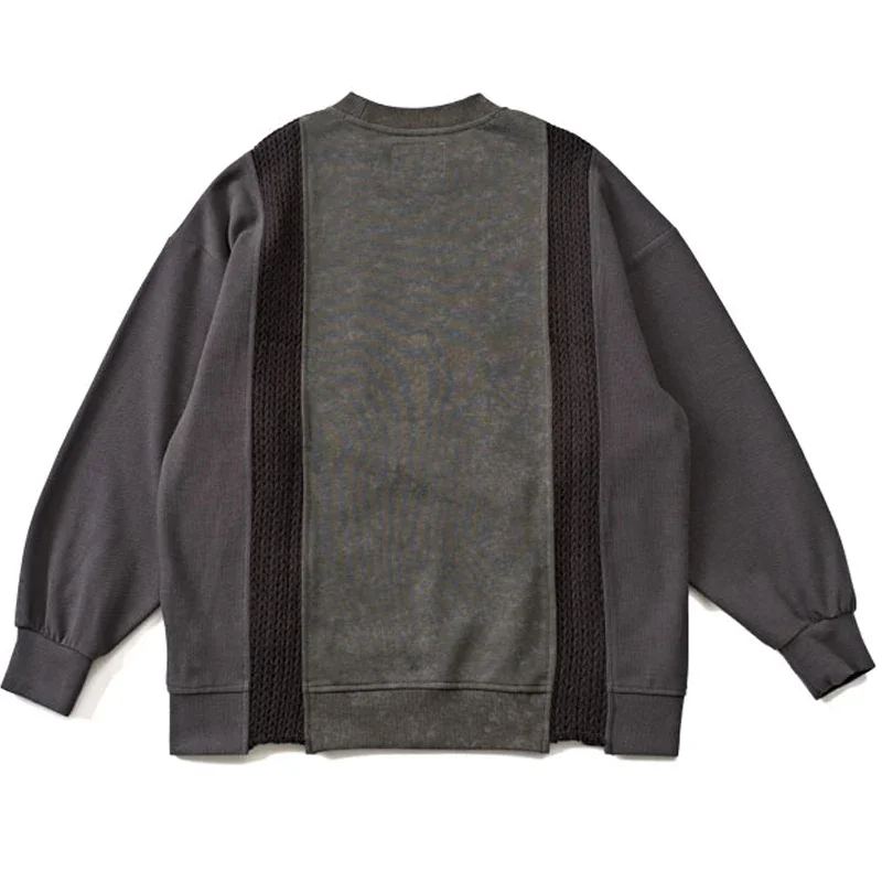 Japanese Style Washed Multi Material Patchwork Cashew Flower Embroidery Round Neck Pullover Loose Hoodie Top for Men and Women