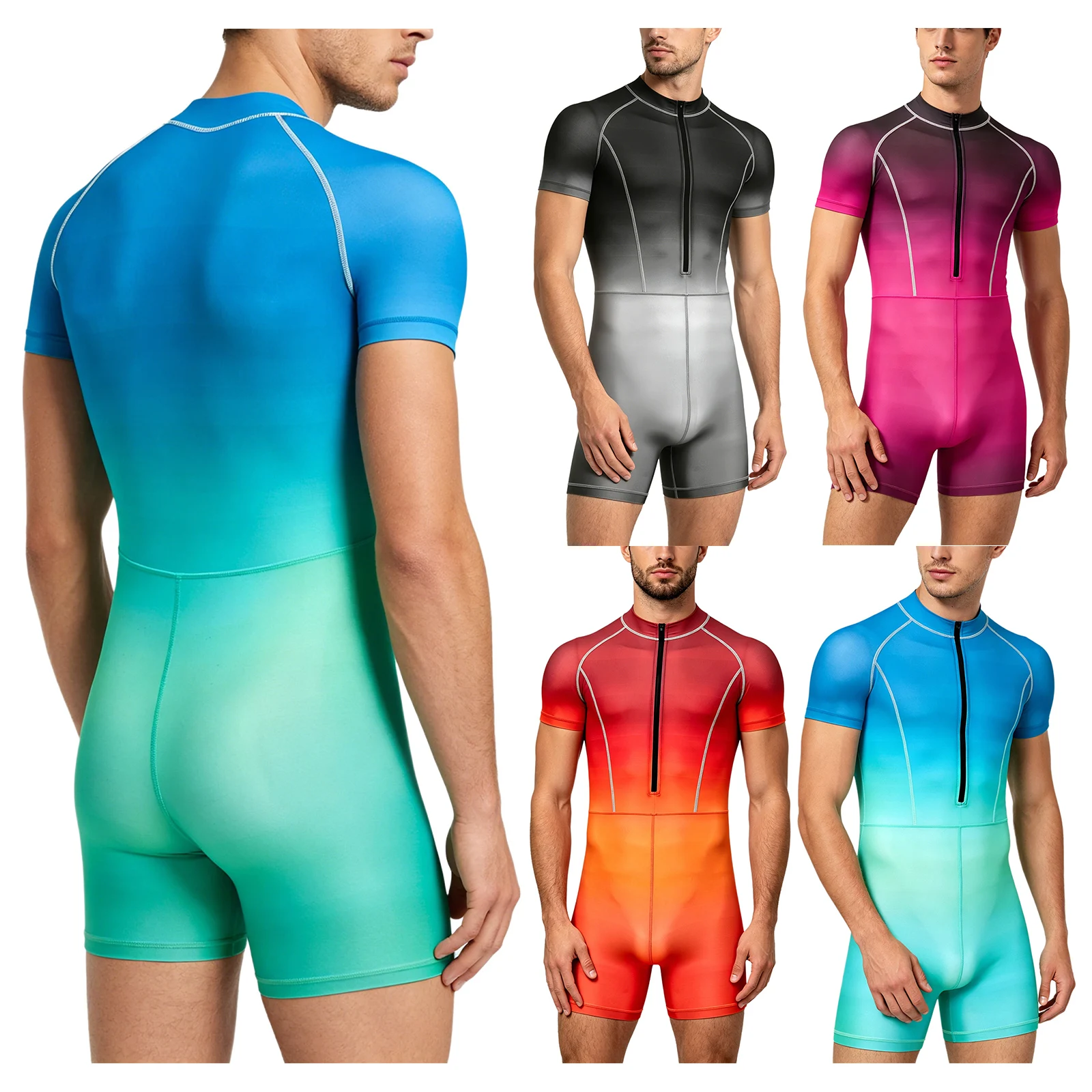 

Mens Gradient Rash Guard Jumpsuit Short Sleeve Front Zipper Boyshorts Bodysuit One Piece Bathing Suit Surfing Diving Swimsuits