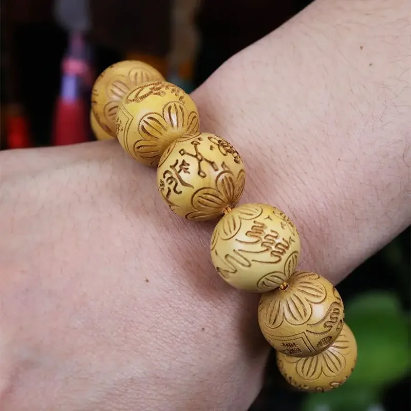 

Pure Natural Boxwood Bracelet Taoist Twelve Talismans Buddha Bead Carving HandString Handheld 12 Zodiac Amulet Bring In Safe