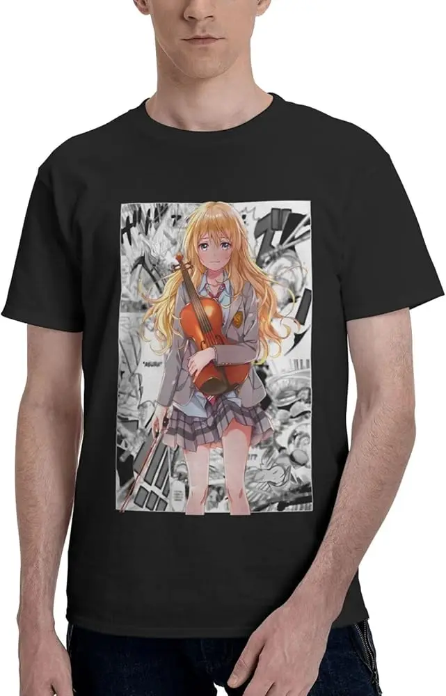 Anime T Shirts Your Lie in April Men's Summer Cotton Tee Crew Neck Short Sleeve Tees Black