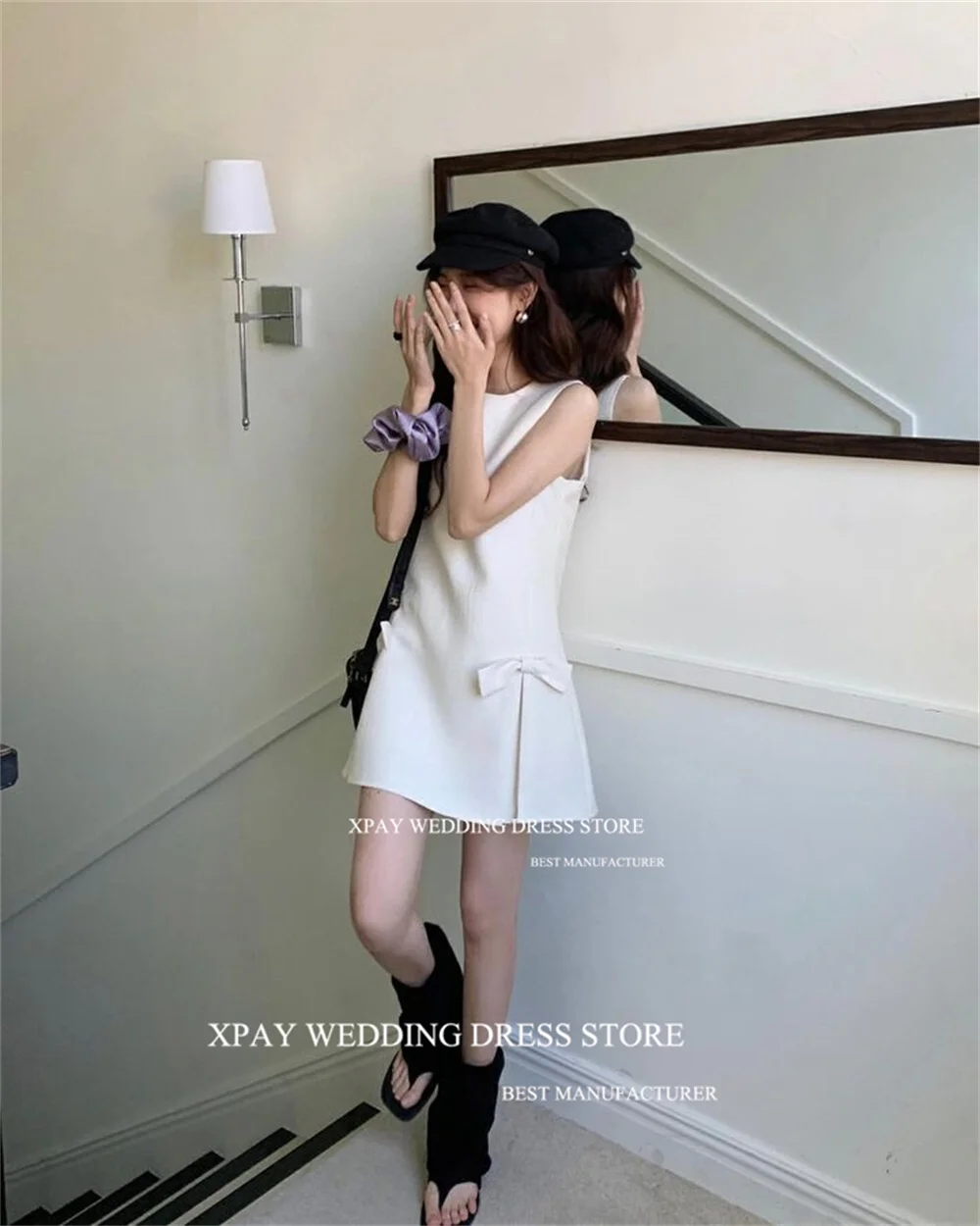 XPAY Simple O Neck Short Korea abiti da festa di nozze servizio fotografico senza maniche Backless abiti da sposa corsetto Bow abito da sposa personalizzato