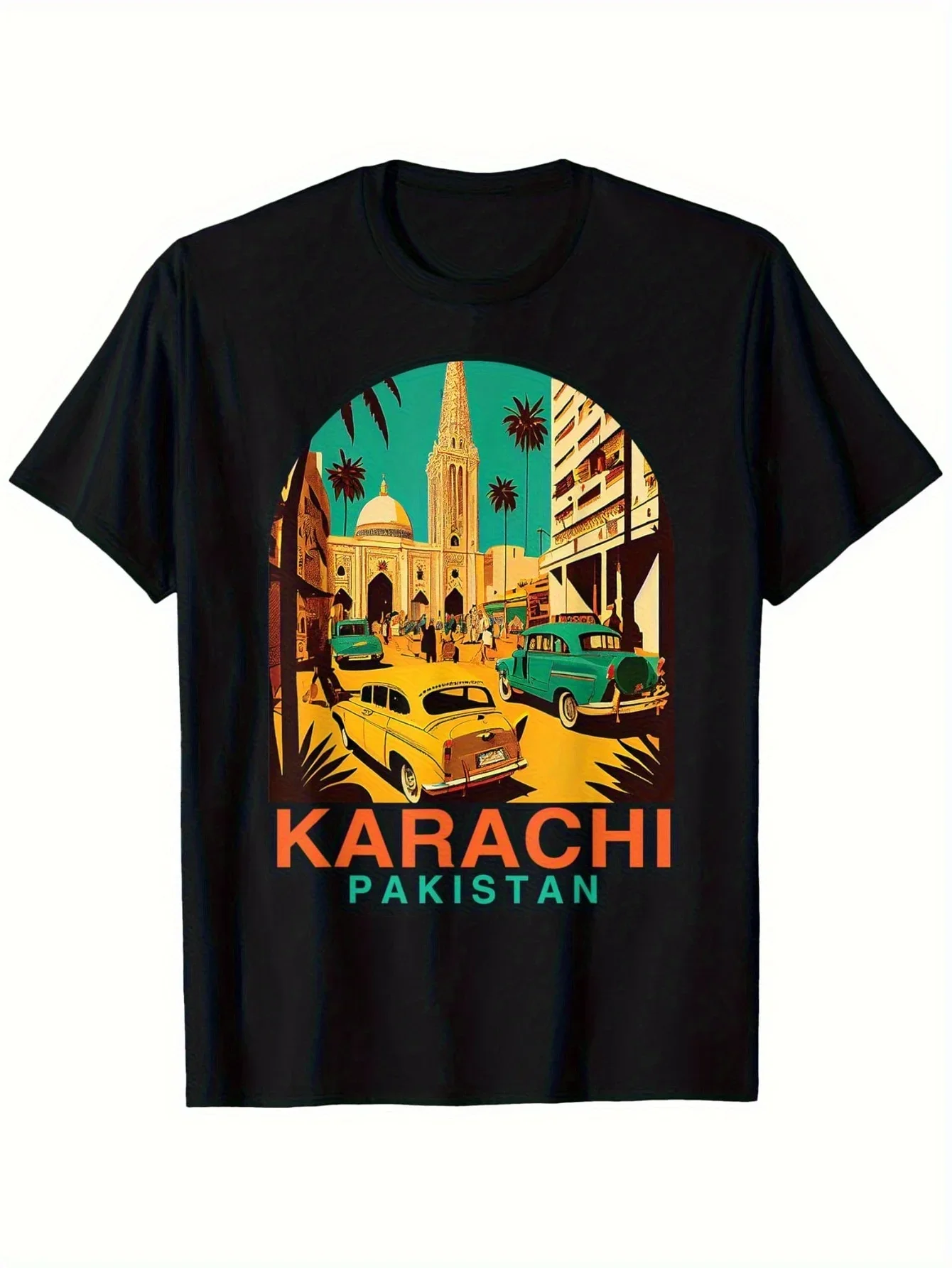 New 1pc, Karachi Pakistan Men's Pattern T-Shirt - Certified Round Neck Tee with Vibrant Cityscape and Palm Tree Design, Casual S