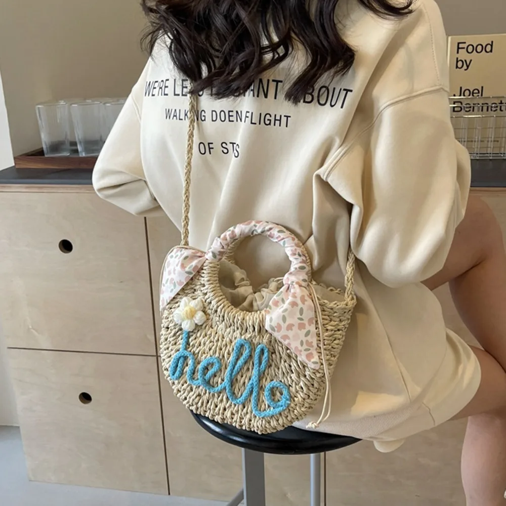 Handmade Sweet Beach Straw Bag Ribbon Moon Shaped Knitted Shoulder Bag Flower Large Capacity Braided Underarm Bag Woman